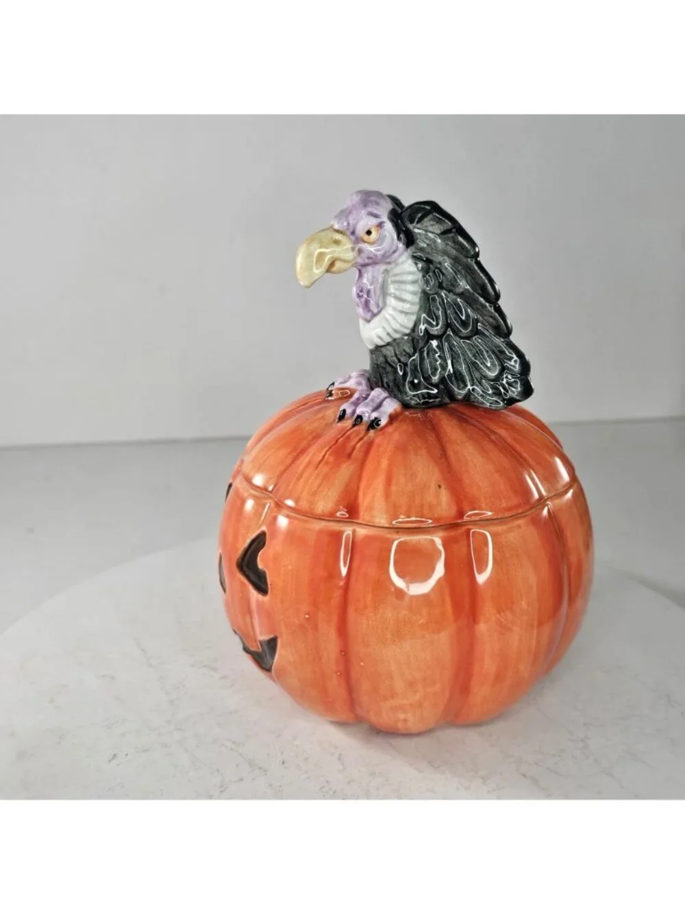 Rare 1988 Fitz & Floyd Vulture On Jack-O-Lantern Pumpkin Lidded Candy Dish Bowl